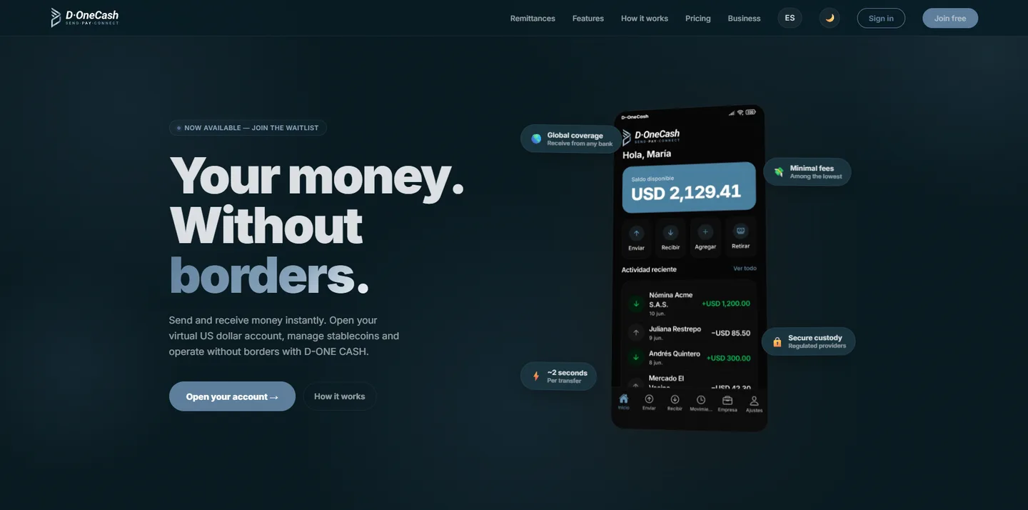 Portada de d-one-cash.com: el titular «Your money. Without borders.» sobre fondo oscuro, junto a la aplicación en un móvil mostrando el saldo y la actividad reciente de la cuenta.